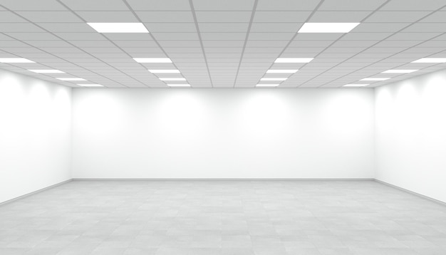 White bright empty office room panorama with square ceiling lights. 3d rendering