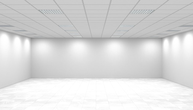 Photo white bright empty office room panorama with square ceiling lights. 3d rendering