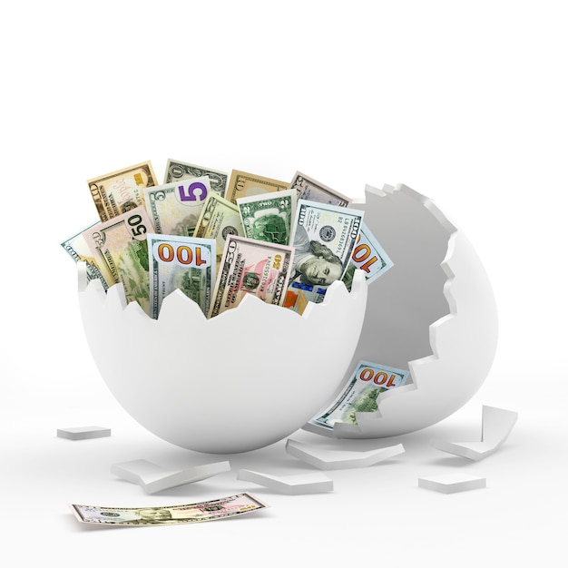 Guscio d'uovo rotto bianco pieno di banconote da un dollaro