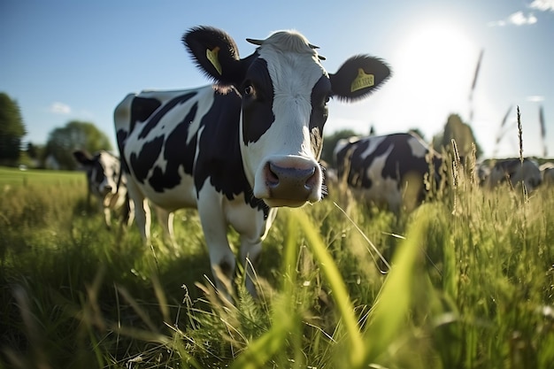 White and brown cow looking straight at the camera with a herd of cows on the pasture in background