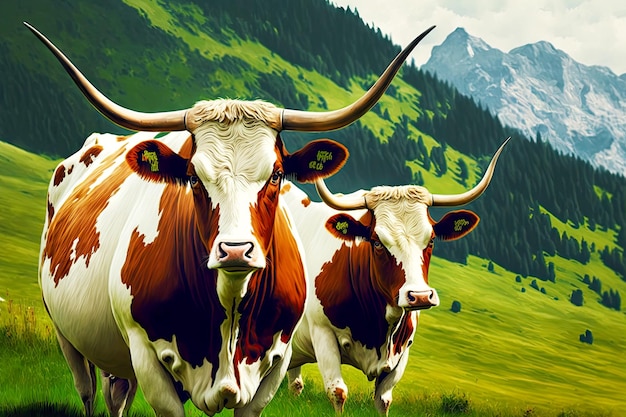 White brown cows in summer with large horns on slope of green hill