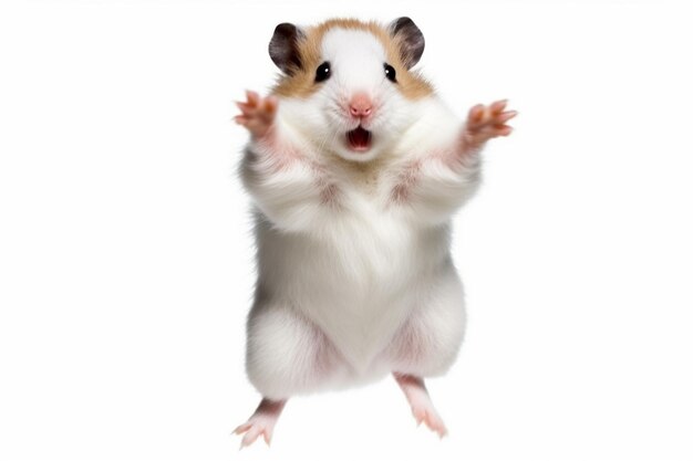 A white and brown hamster with a black nose and a pink nose.