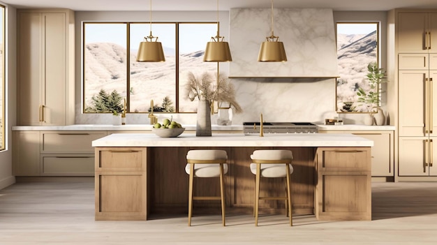 White and brown modern kitchen with wooden island 3d rendering