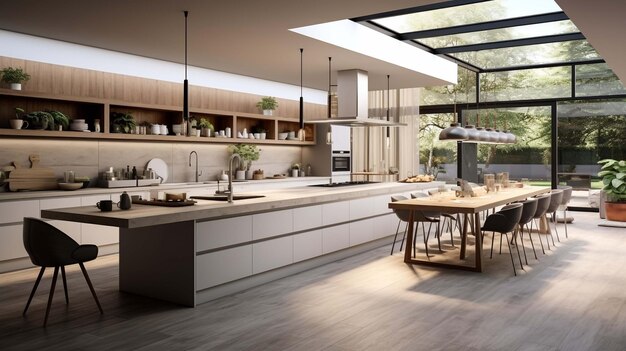 White and brown modern kitchen with wooden island 3d rendering