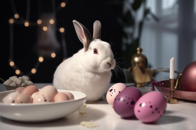 white and brown rabbit with a easter egg on a table