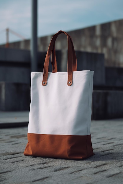 A white and brown tote bag with a brown leather strap on industrial background