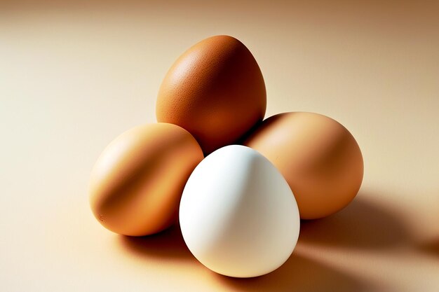 White brown and variegated eggs lying on beige table