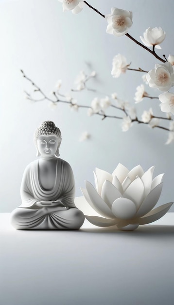 White Buddha Statue with Lotus Zen Tranquility