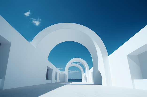 A white building with arches and a blue sky in the background.