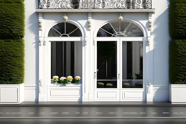 A white building with a balcony and a window with flowers on it.