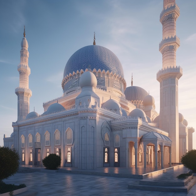 A white building with a blue dome and a blue sky