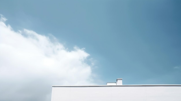 A white building with a blue sky and a white building with a sign that says " we are here ".