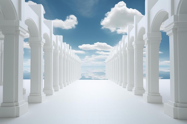 a white building with columns and a cloudy sky in the background