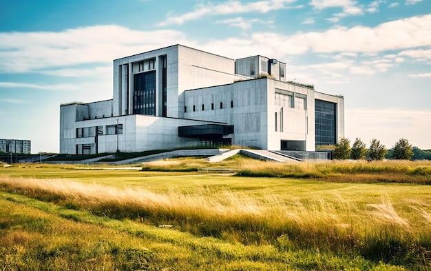 White building with grass in front of it