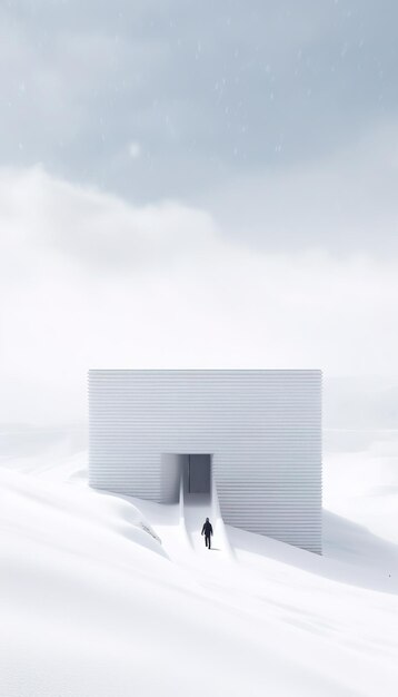 A white building with a man walking in front of it