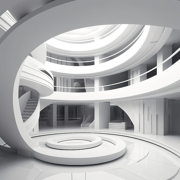 A white building with a spiral staircase in the middle of it