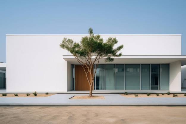 A white building with a tree in front of it creating a serene atmosphere