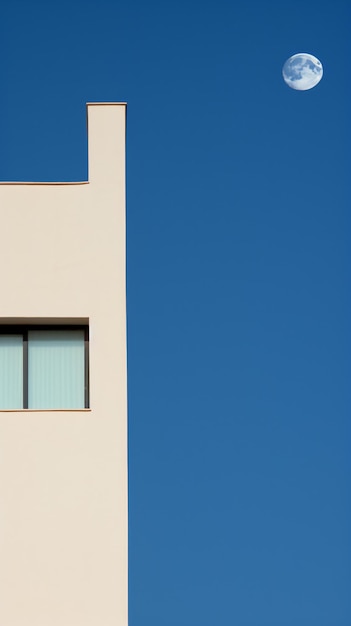 A white building with a window and a moon in the sky