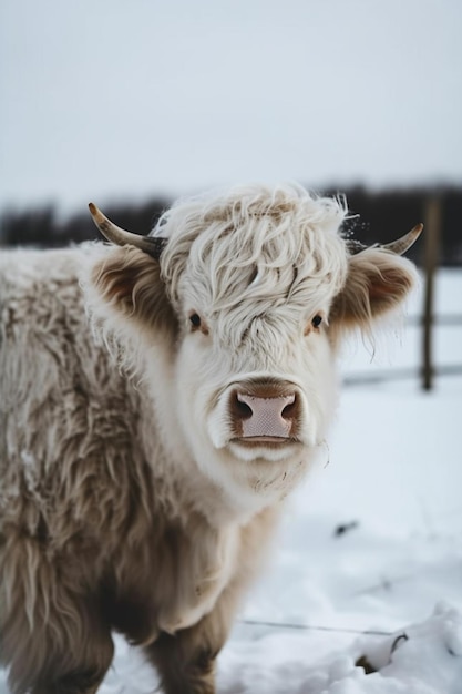 A white bull with a thick, curly nose stands in a snowy field.