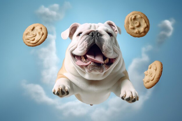 White bulldog dog and cookies flying in the air on a blue background