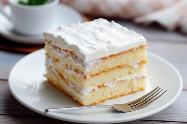 Белый двухъярусный торт лежит на столе.