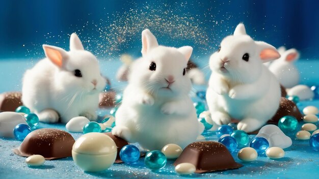 White bunnies gem candies and chocolate pieces on blue backdrop