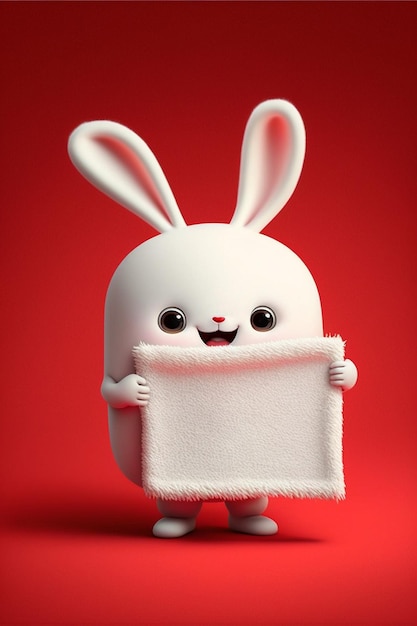 White bunny holding a blank sign on a red background generative ai