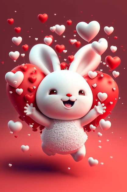 Белый кролик держит кучу красных сердец, генеративный искусственный интеллект
