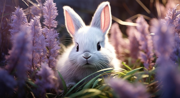 Photo a white bunny behind a pile of grass