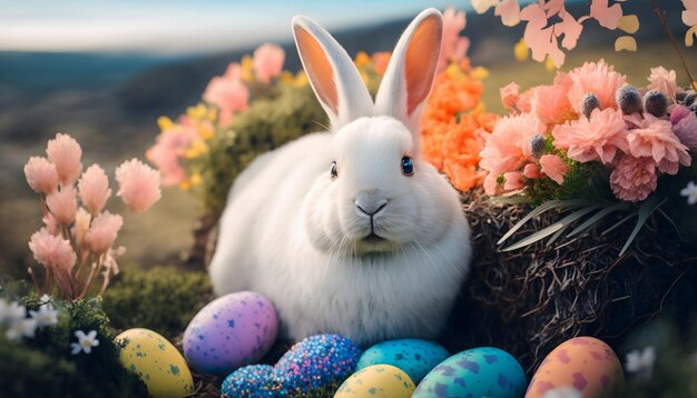 다채로운 부활절 달걀 사이에 흰 토끼가 앉아 있습니다.