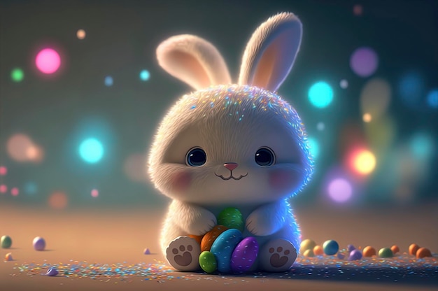 White bunny sitting in a pile of easter eggs and colorful bokeh lights in the background