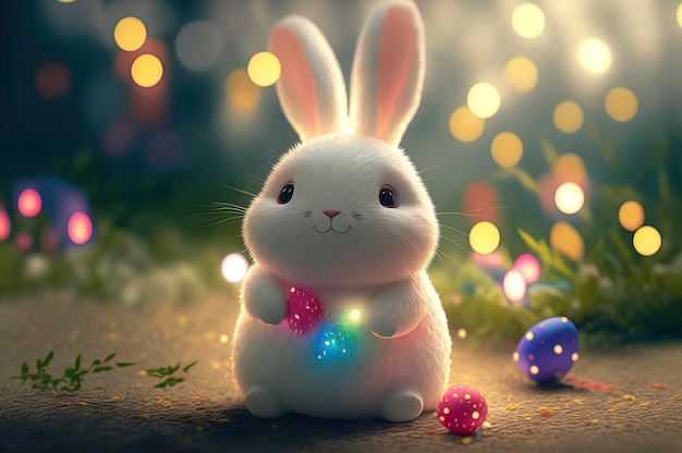 White bunny sitting in a pile of easter eggs and colorful bokeh lights in the background