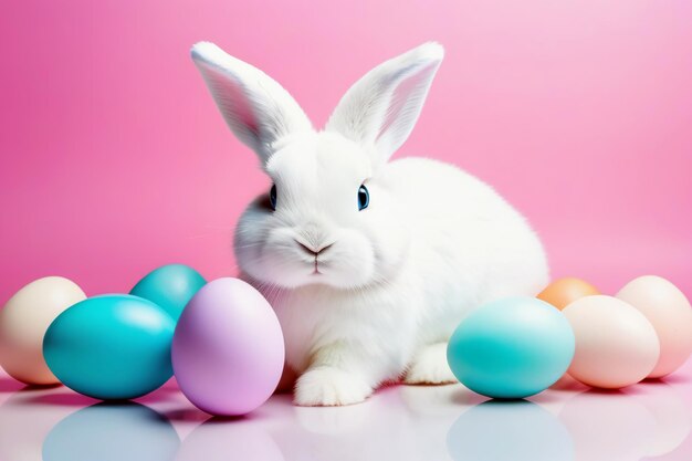 Foto coniglio bianco circondato da colorate uova di pasqua su uno sfondo rosa