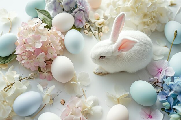 パステルカラーの卵と咲くアジサイに囲まれた白いウサギ