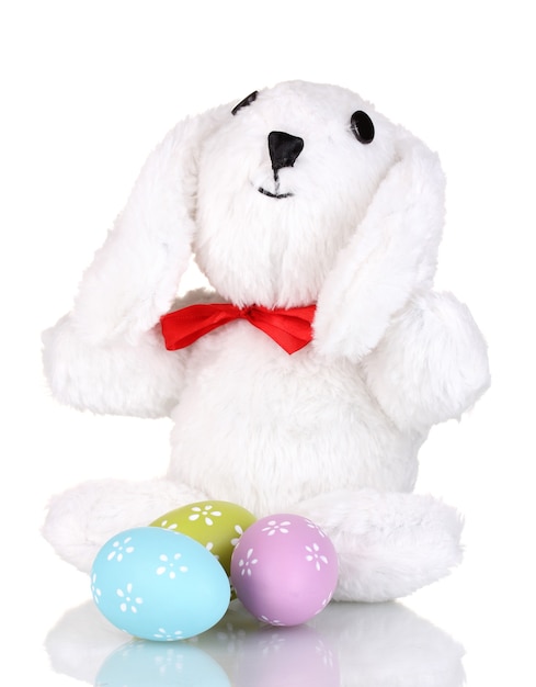 White bunny with Easter eggs isolated on white