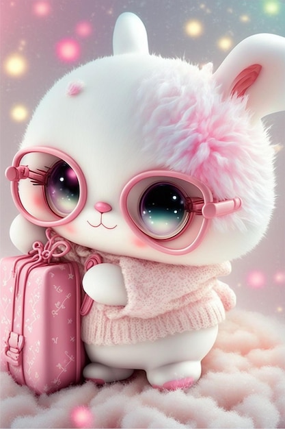 Photo white bunny with pink glasses and a pink suitcase generative ai