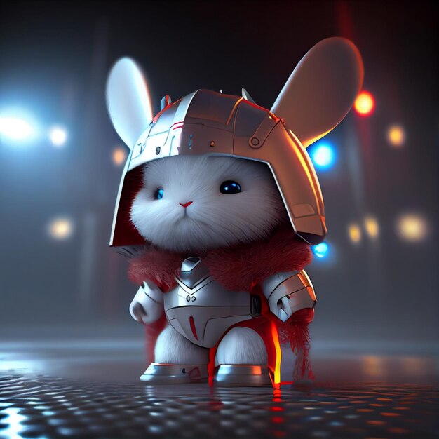 A white bunny with a red cape and a red scarf is standing in front of a black background.