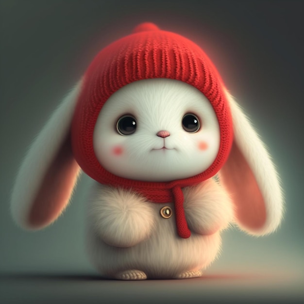 A white bunny with a red hat and a button that says " i love you ".