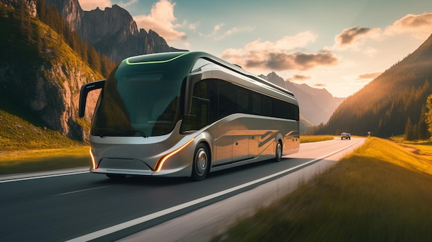 Белый автобус быстро движется по дороге в современном городе со световым эффектом Generative AI