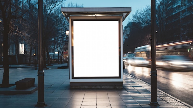 Foto poster bianco della fermata dell'autobus in una stazione con auto in movimento sullo sfondo concept mockup di vista anteriore poster vuoto del traffico cittadino