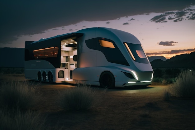 A white bus with a black roof and a blue light on the side.