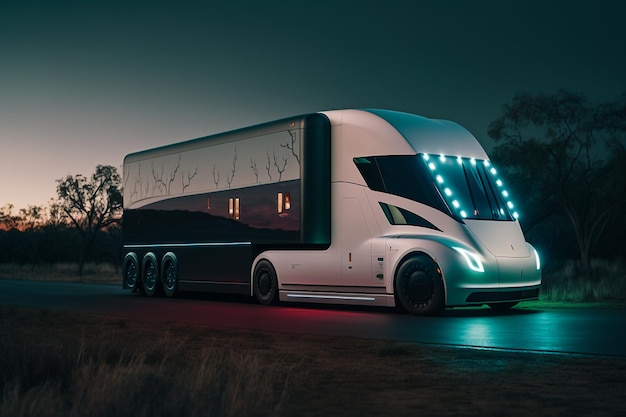 A white bus with a blue led lights on the roof