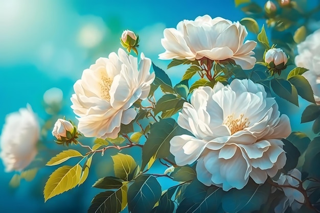 Белые кустовые розы на фоне голубого неба в солнечном свете. Красивая весенняя или летняя цветочная спина