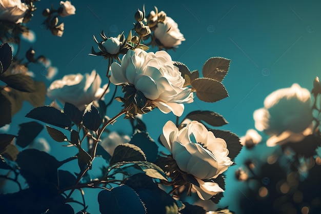 White bush roses on a background of blue sky in the sunlight. Beautiful spring or summer floral back