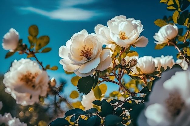 White bush roses on a background of blue sky in the sunlight. beautiful spring or summer floral back