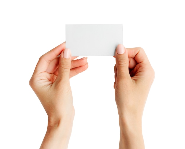 White business card in girl hands