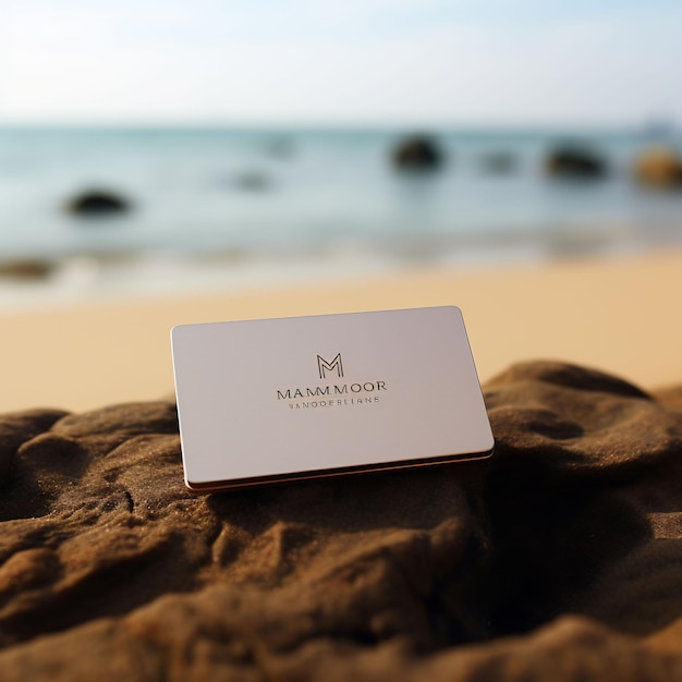 a white business card on the sand at the beach.