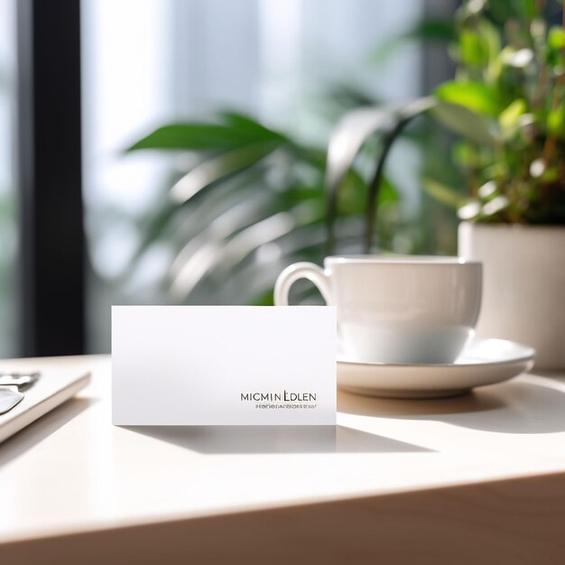 a white business card sits on a desk next to a coffee cup.