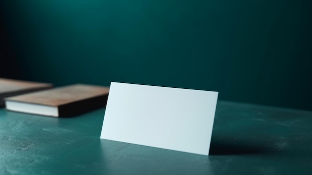 A white business card sits on a green table.