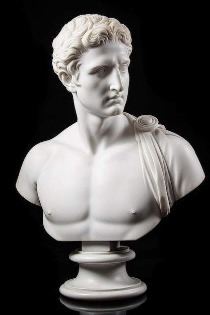 A white bust of a man with the name apollo on it.